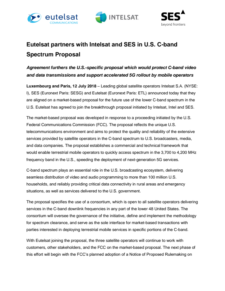 Eutelsat partners with Intelsat and SES in U.S. C-band Spectrum Proposal