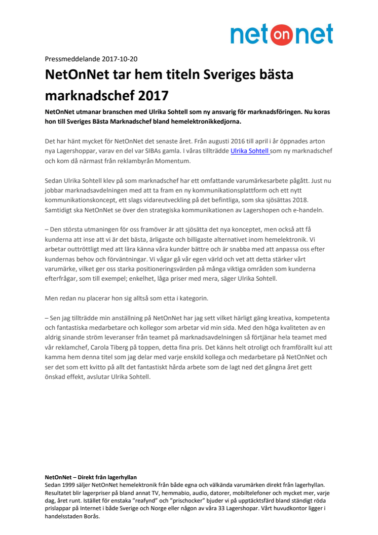 NetOnNet tar hem titeln Sveriges Bästa Marknadschef 2017