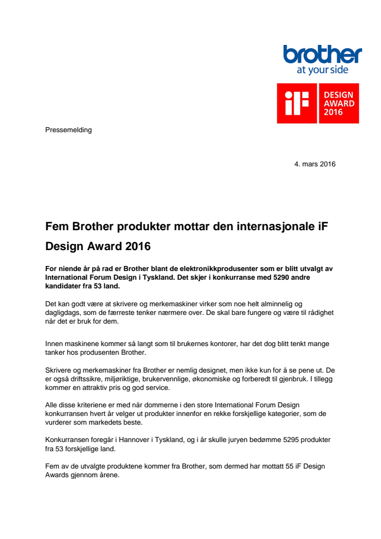Fem Brother produkter mottar den internasjonale iF Design Award 2016