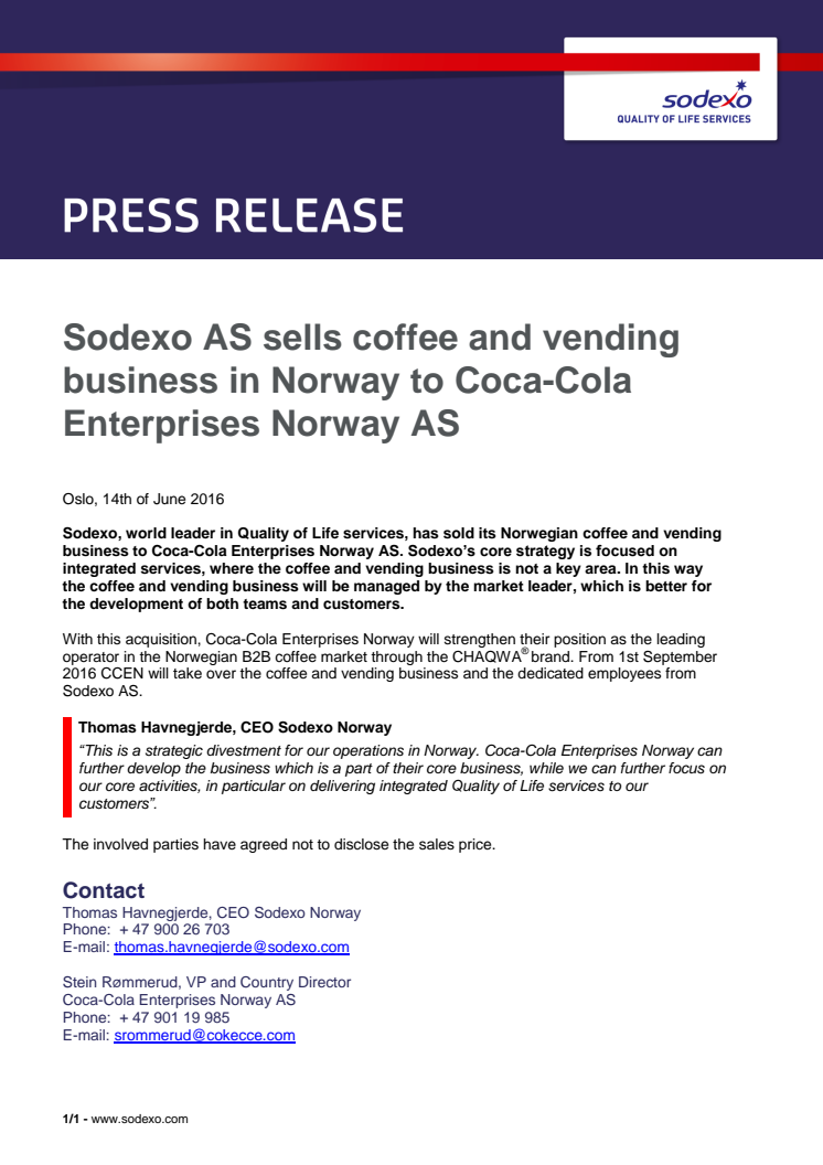 Press release Sodexo sells coffee and vending business to Coca-Cola Enterprises Norway