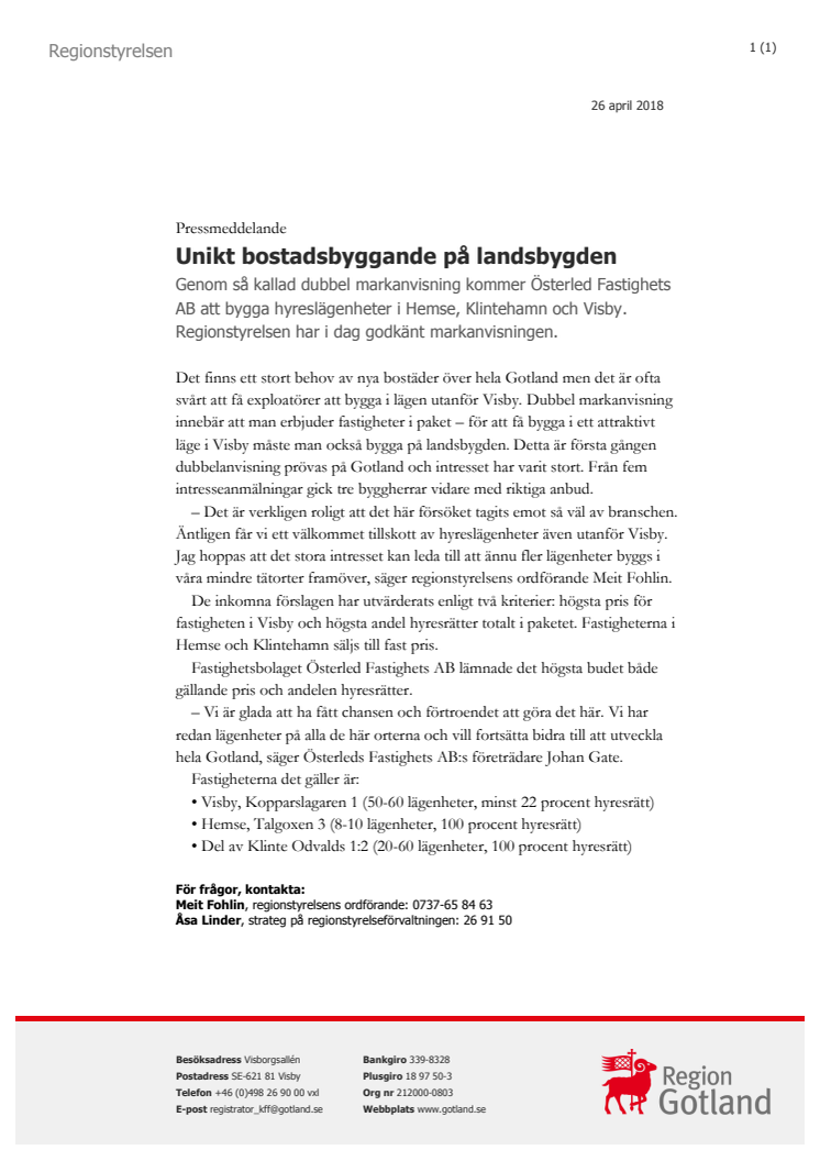 Nya bostäder på Gotlands landsbygd - tack vare ett lyckat försök med dubbel markanvisning.