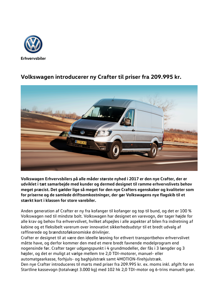 Volkswagen introducerer ny Crafter til priser fra 209.995 kr.