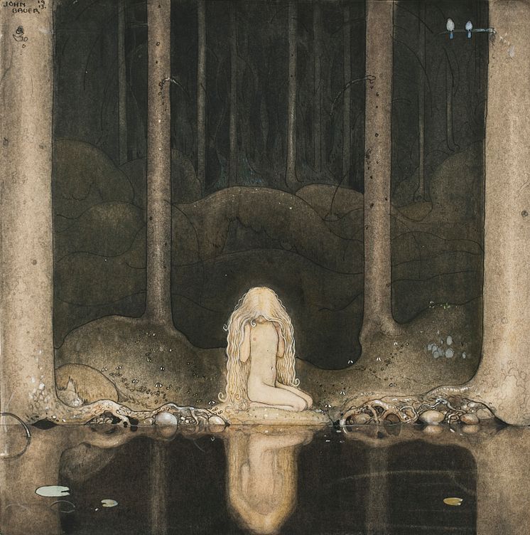 John Bauer, Ännu sitter Tuvstarr kvar och ser ner i vattnet, 1913. 