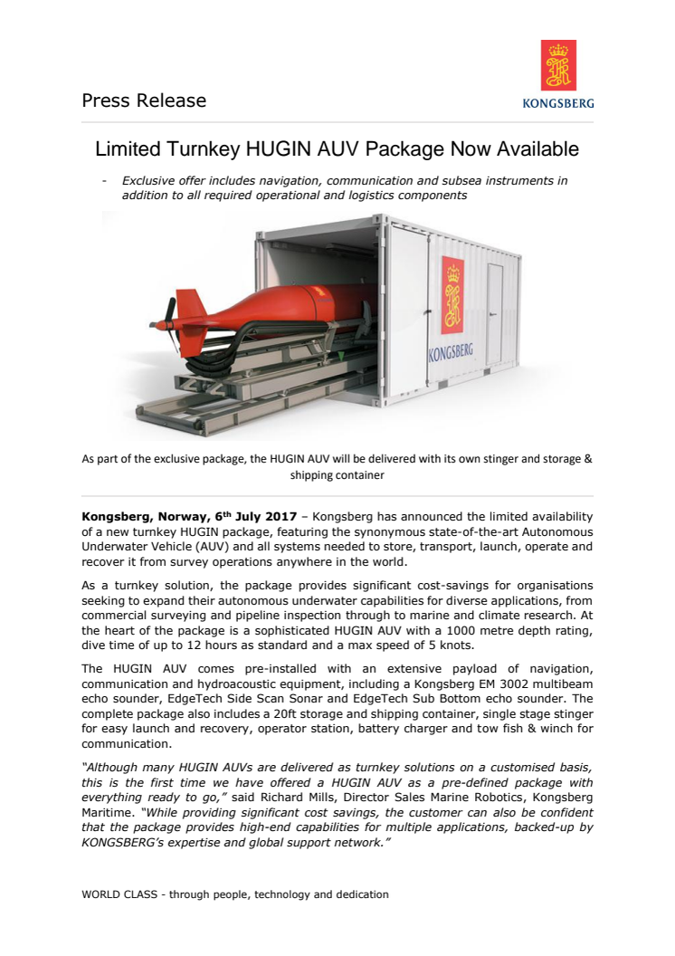 Kongsberg Maritime: Limited Turnkey HUGIN AUV Package Now Available