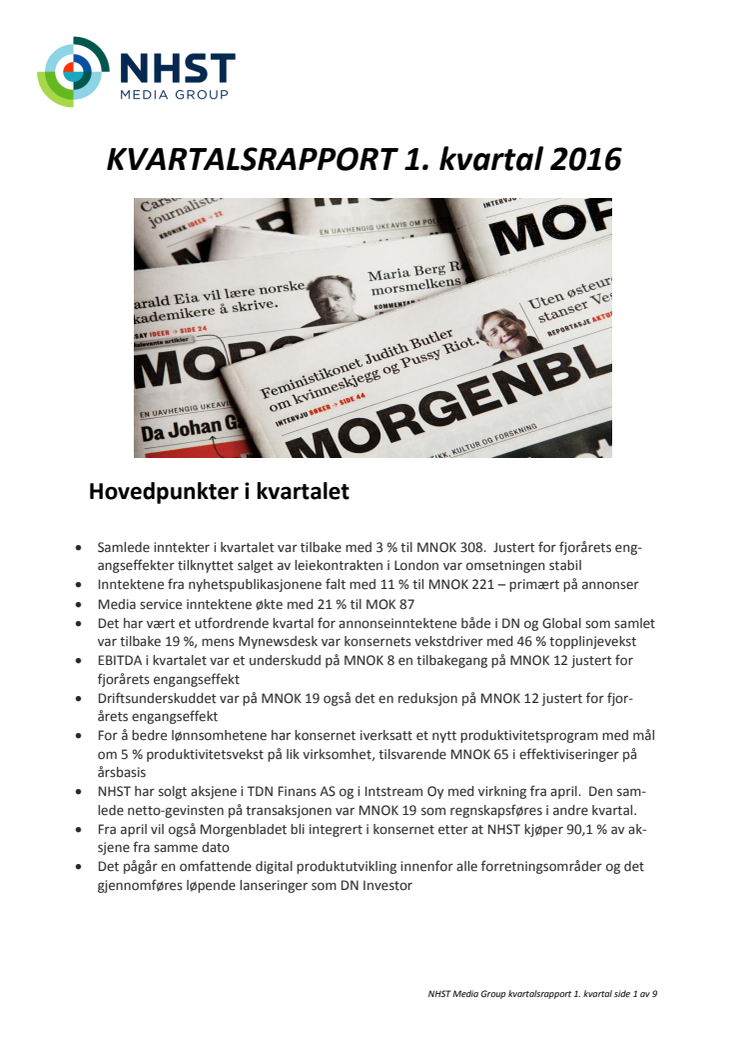 NHST Media Group - Kvartalsrapport 1. kvartal 2016