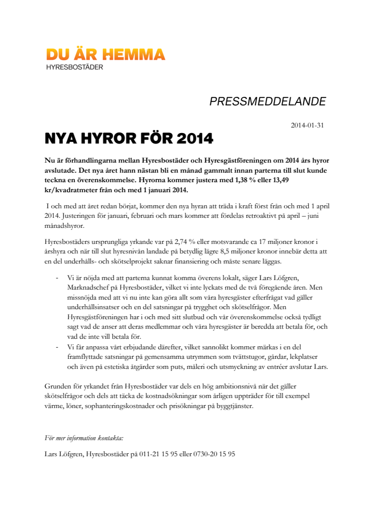 Nya hyror för 2014