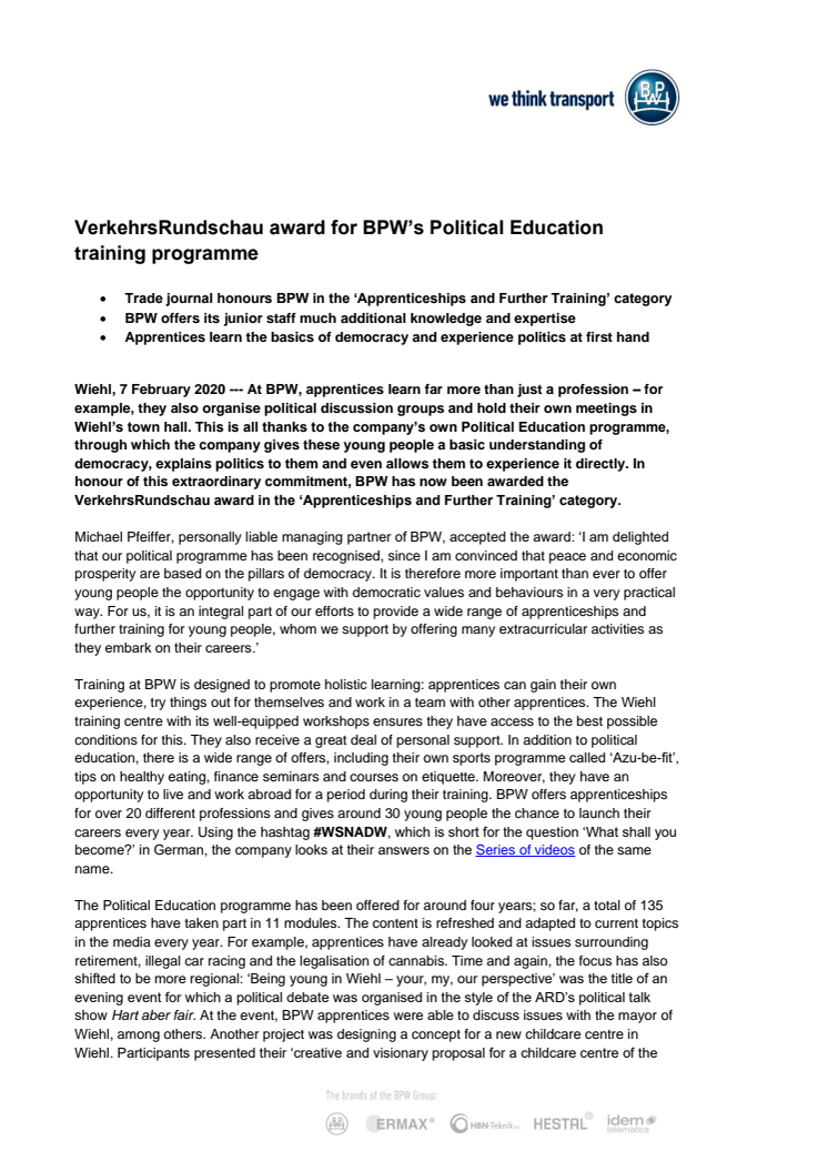 VerkehrsRundschau award for BPW’s Political Education training programme