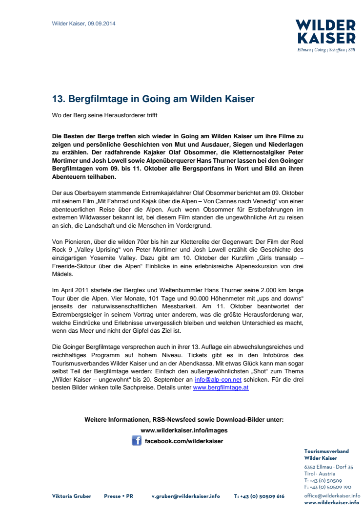 13. Bergfilmtage in Going am Wilden Kaiser