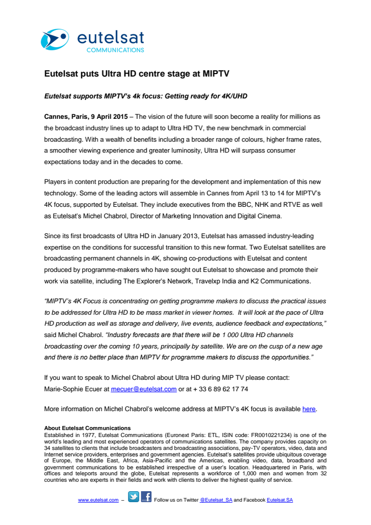 Eutelsat puts Ultra HD centre stage at MIPTV