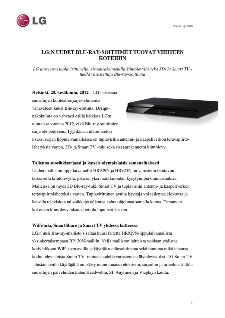 LG:n uudet Blu-ray-soittimet tuovat viihteen koteihin