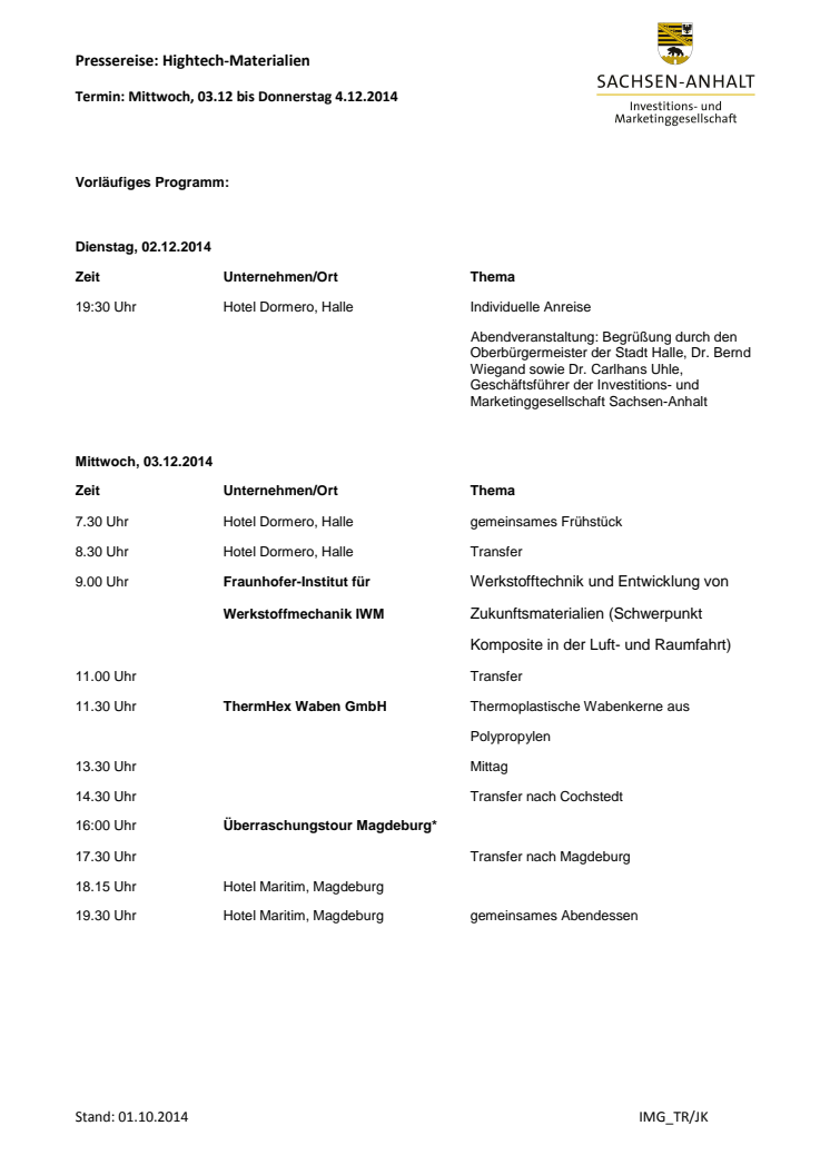 Programm zur Pressereise "Hightech-Materialien aus Sachsen-Anhalt"