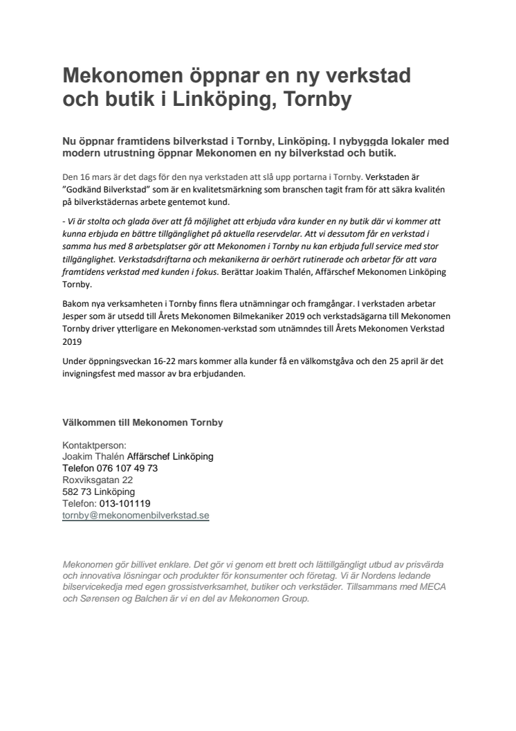Pressmeddelande Mekonomen Linköping Tornby PDF