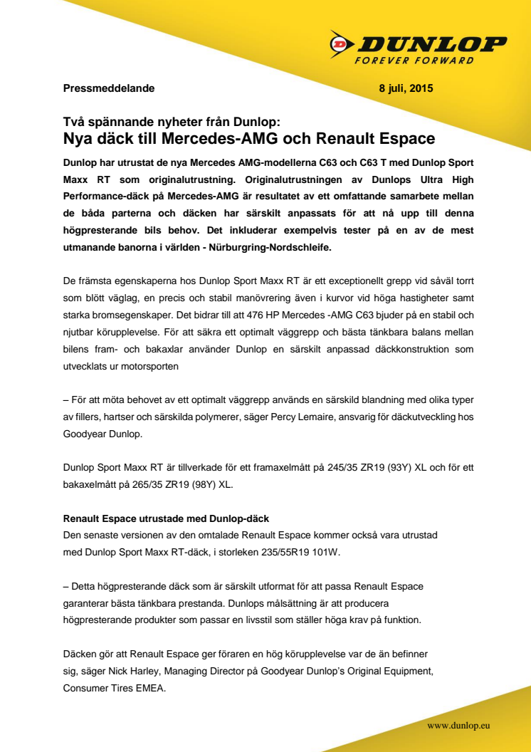 ​Två spännande nyheter från Dunlop: Nya däck till Mercedes-AMG och Renault Espace