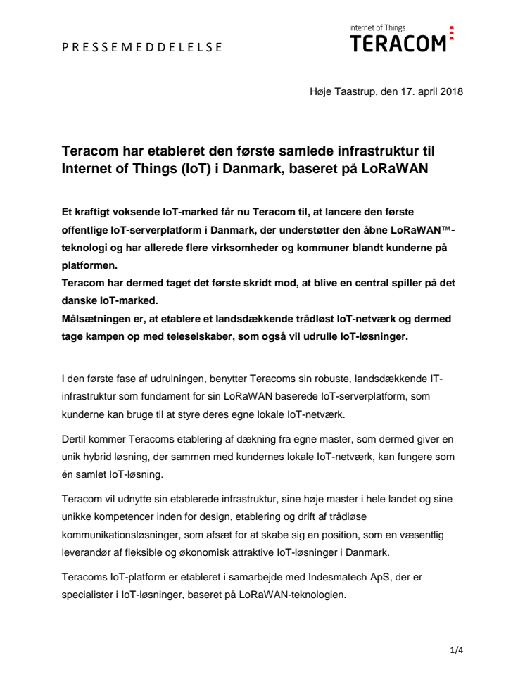 Teracom etablerer den første samlede infrastruktur til  Internet of Things (IoT) i Danmark, baseret på LoRaWAN
