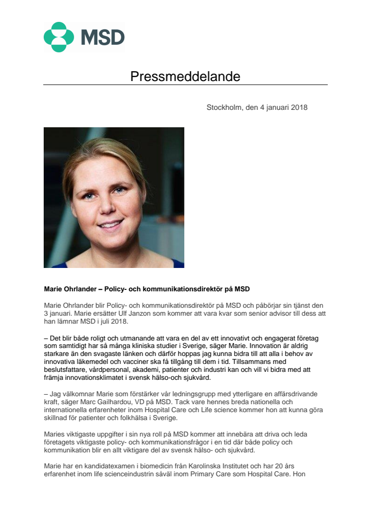 Marie Ohrlander – Policy- och kommunikationsdirektör på MSD 
