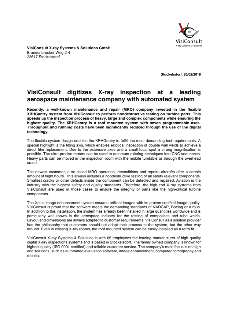 VisiConsult digitizes X-ray inspection at a leading aerospace maintenance company with automated system