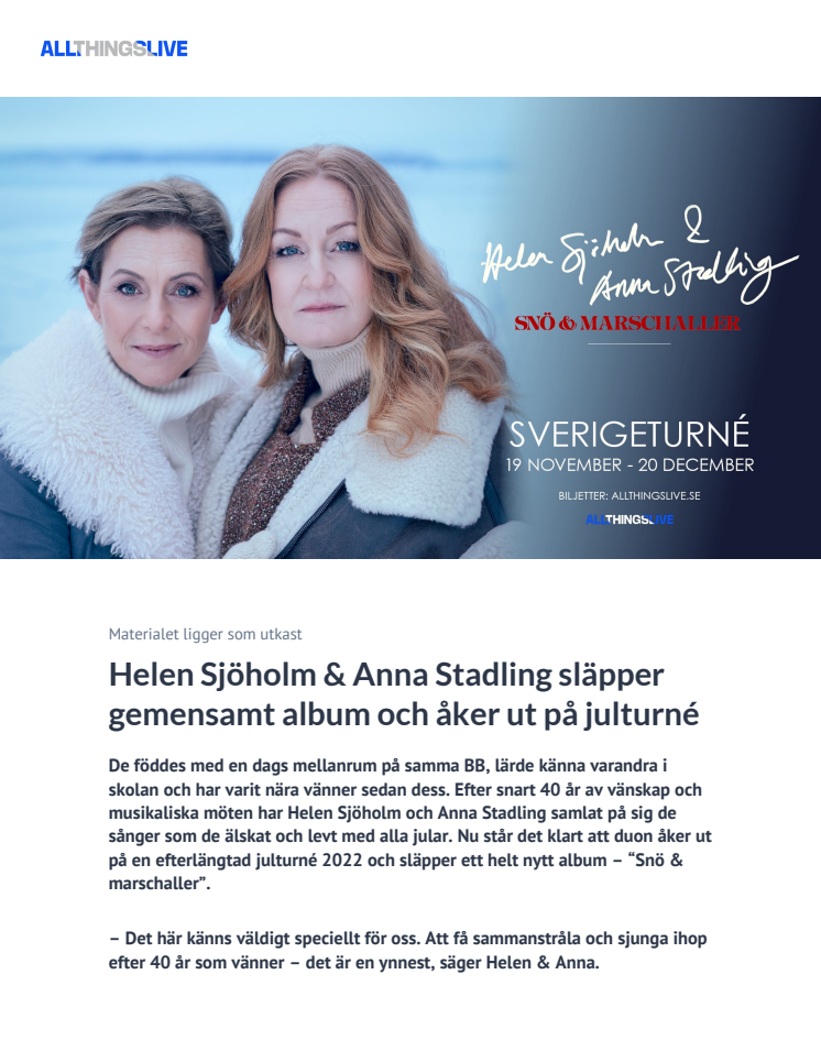 Helen Sjöholm & Anna Stadling släpper gemensamt album och åker ut på julturné 
