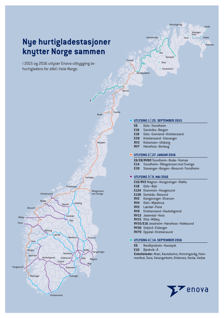 Enovas utlysinger om utbygging av hurtigladere til elbil – oppdatert 14.9.16 (PDF)