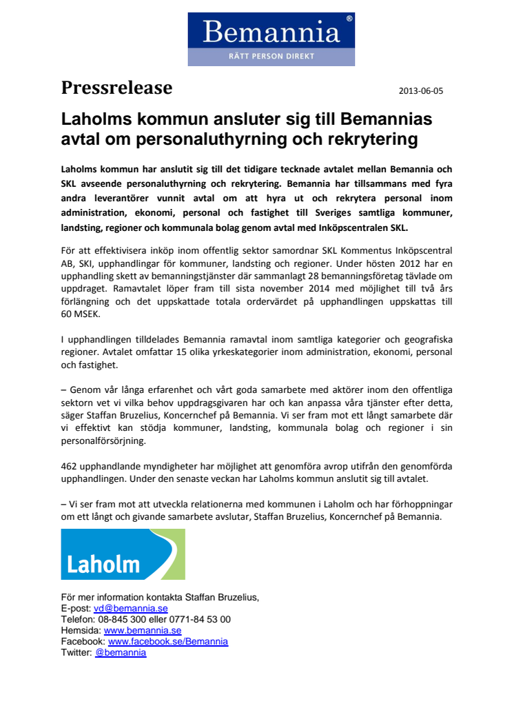 Laholms kommun ansluter sig till Bemannias avtal om personaluthyrning
