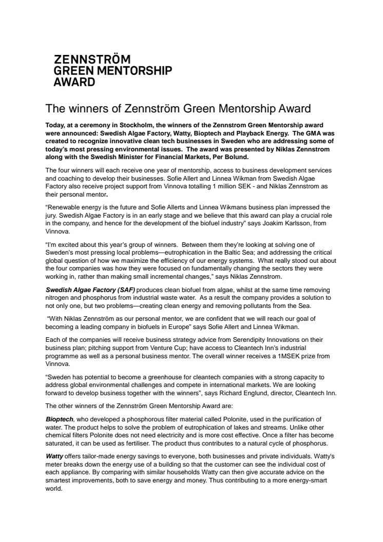 The winners of Zennström Green Mentorship Award 2014