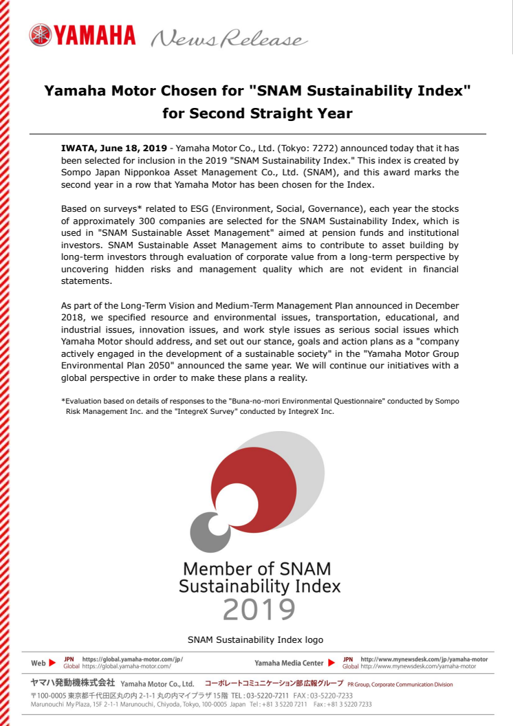 Yamaha Motor Chosen for "SNAM Sustainability Index" for Second Straight Year