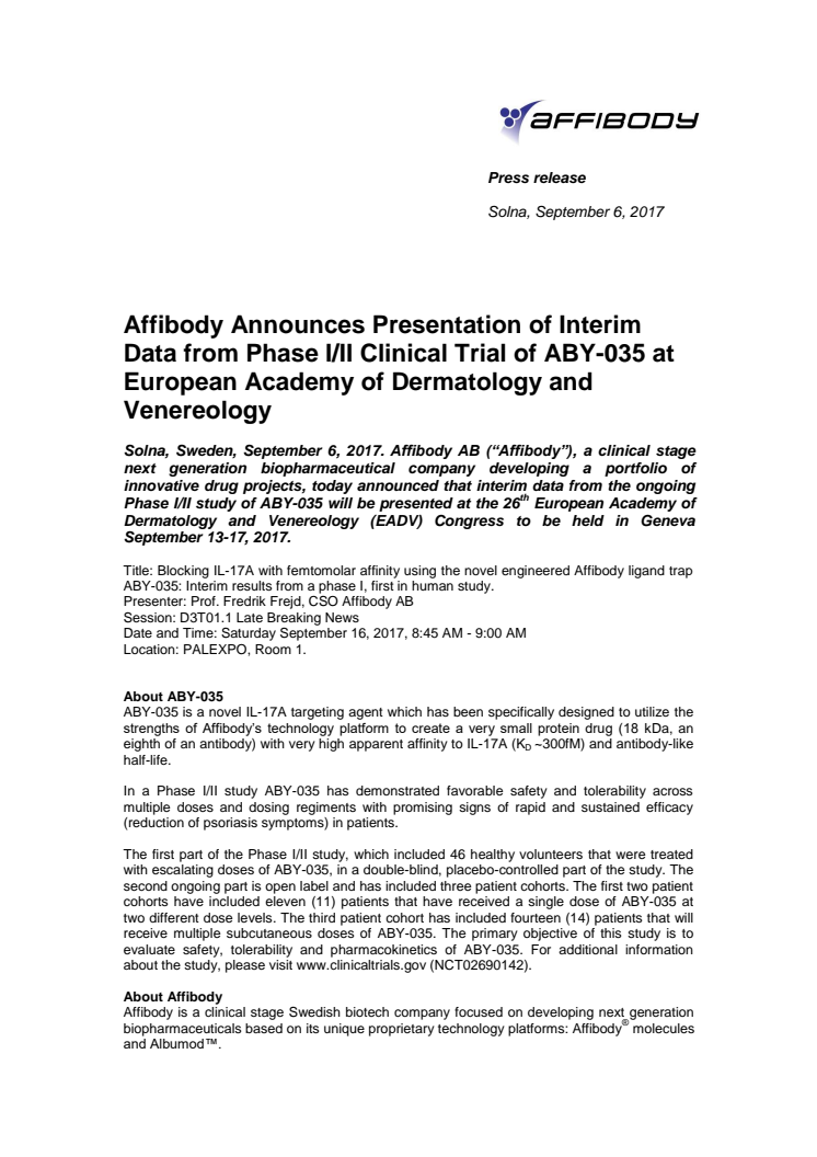Affibody Announces Presentation of Interim Data from Phase I/II Clinical Trial of ABY-035 at European Academy of Dermatology and Venereology
