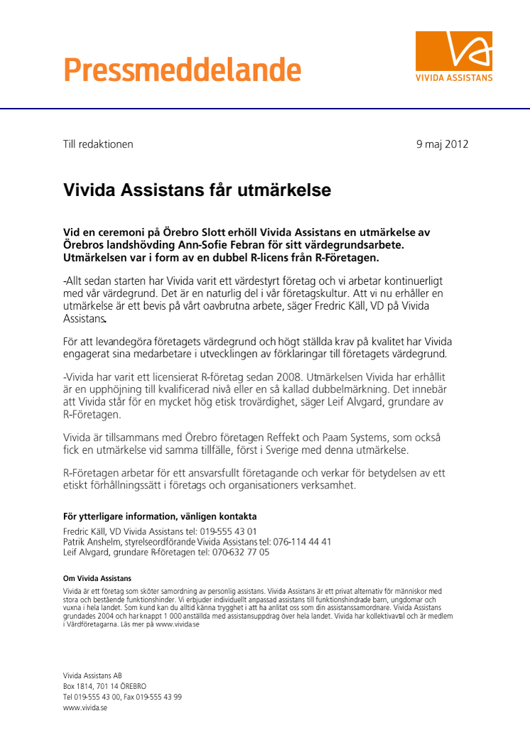 Vivida Assistans får utmärkelse