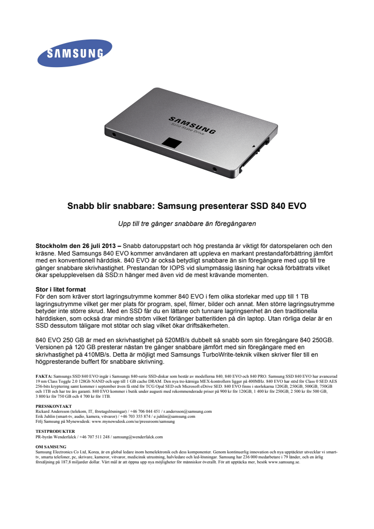 Snabb blir snabbare: Samsung presenterar SSD 840 EVO