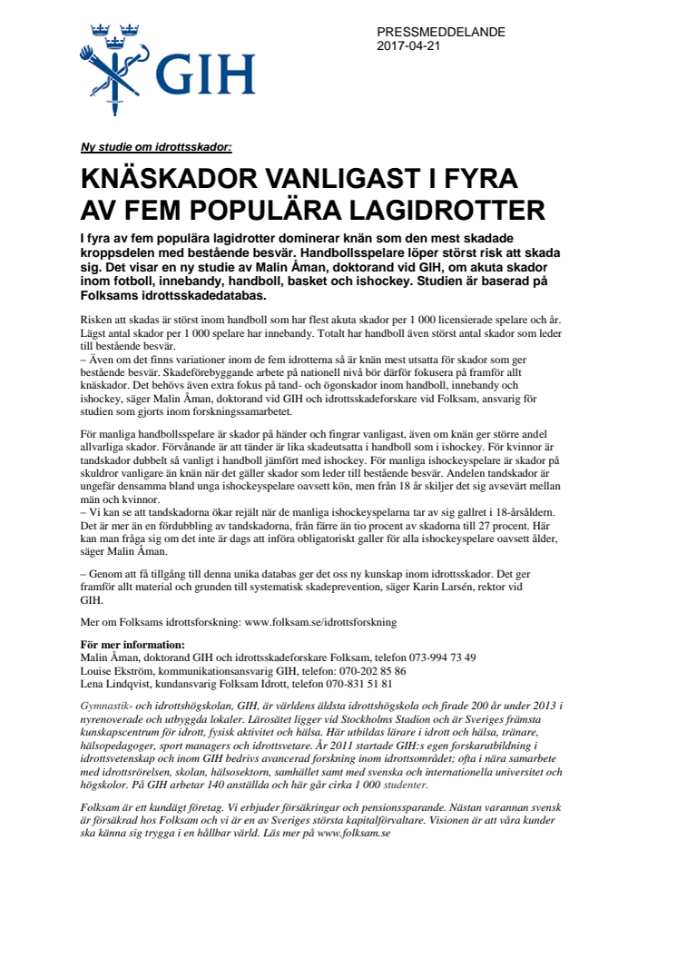 Knäskador vanligast i fyra av fem populära lagidrotter 