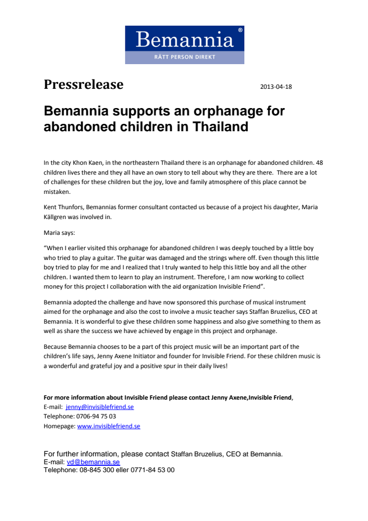Bemannia supports an orphanage for abandoned children in Thailand