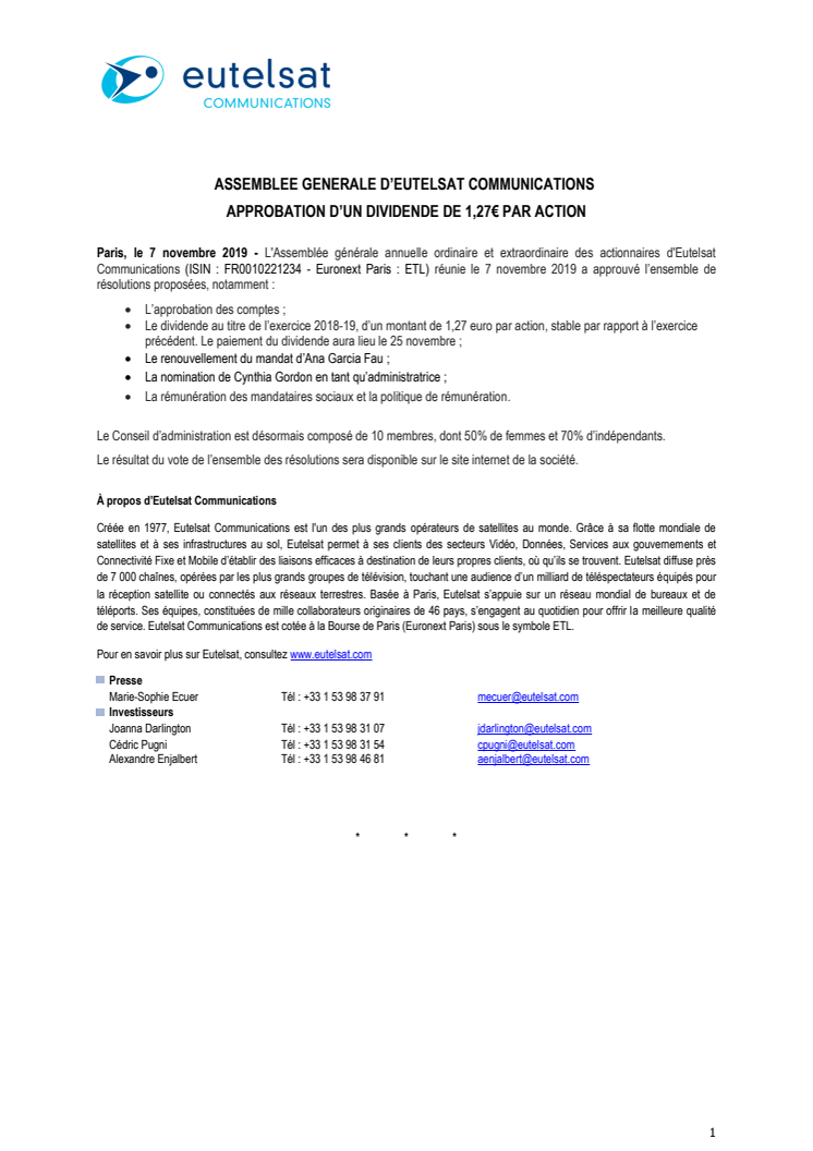 ASSEMBLEE GENERALE D’EUTELSAT COMMUNICATIONS APPROBATION D’UN DIVIDENDE DE 1,27€ PAR ACTION