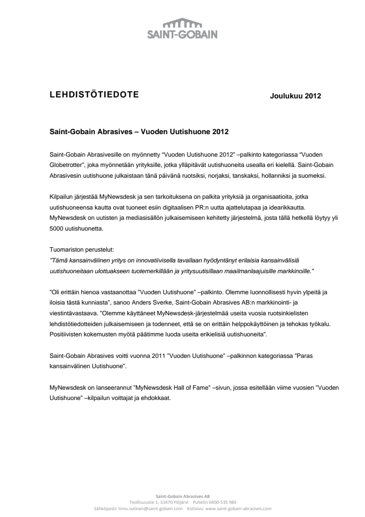 Saint-Gobain Abrasives – Vuoden Uutishuone 2012