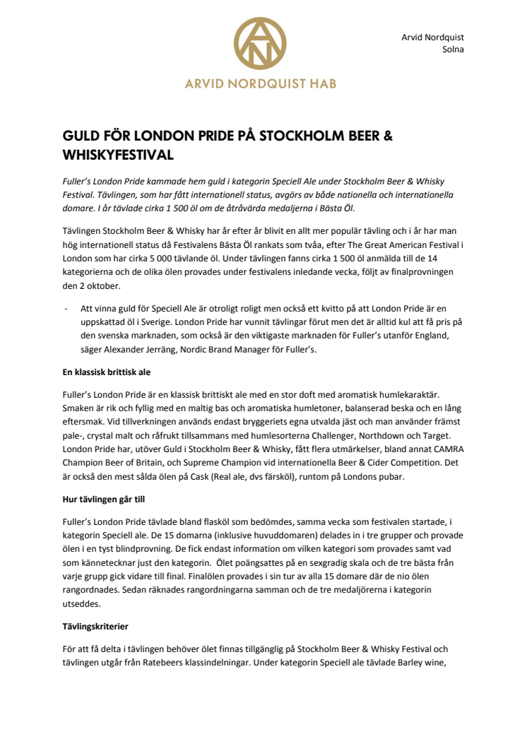 Guld för London Pride på Stockholm Beer & Whiskyfestival  