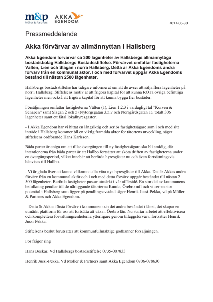 Akka förvärvar av allmännyttan i Hallsberg