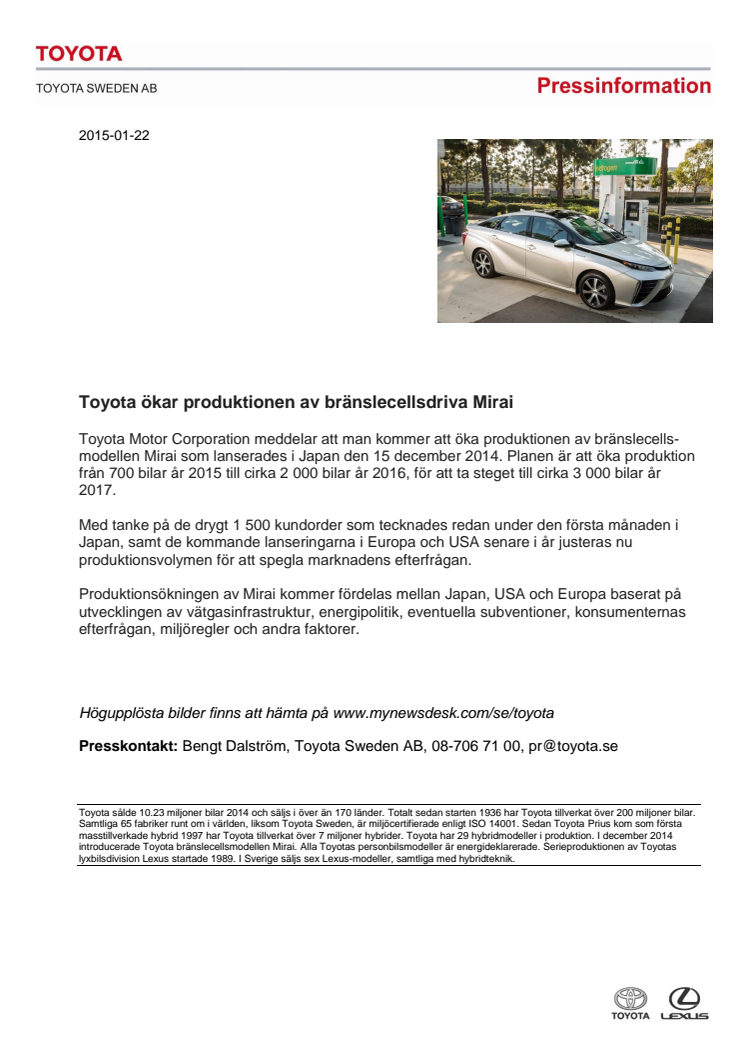 Toyota ökar produktionen av bränslecellsdriva Mirai