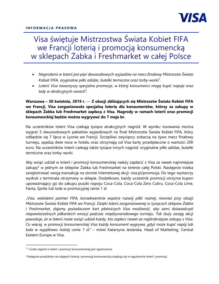 Visa świętuje Mistrzostwa Świata Kobiet FIFA we Francji loterią i promocją konsumencką w sklepach Żabka i Freshmarket w całej Polsce