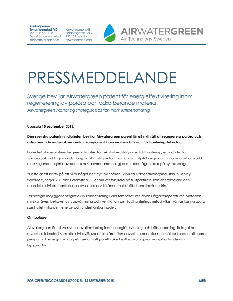 SVERIGE BEVILJAR AIRWATERGREEN PATENT FÖR ENERGIEFFEKTIVISERING INOM REGENERERING AV PORÖSA OCH ADSORBERANDE MATERIAL