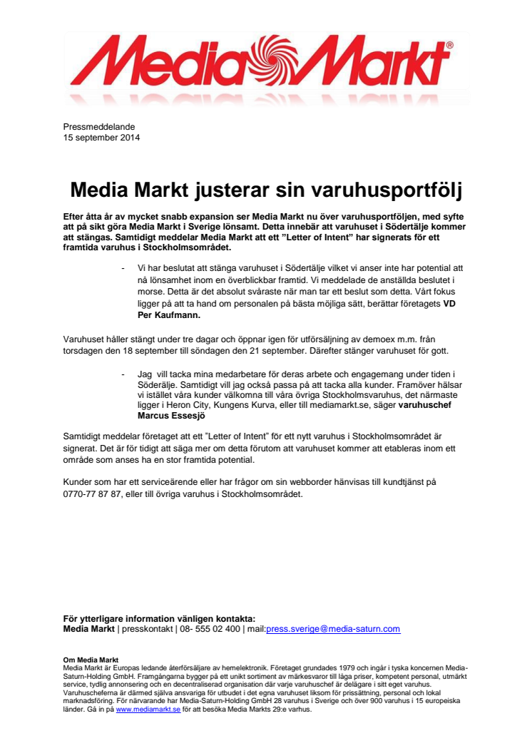 Media Markt justerar sin varuhusportfölj