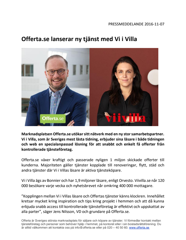 Offerta.se lanserar ny tjänst med Vi i Villa