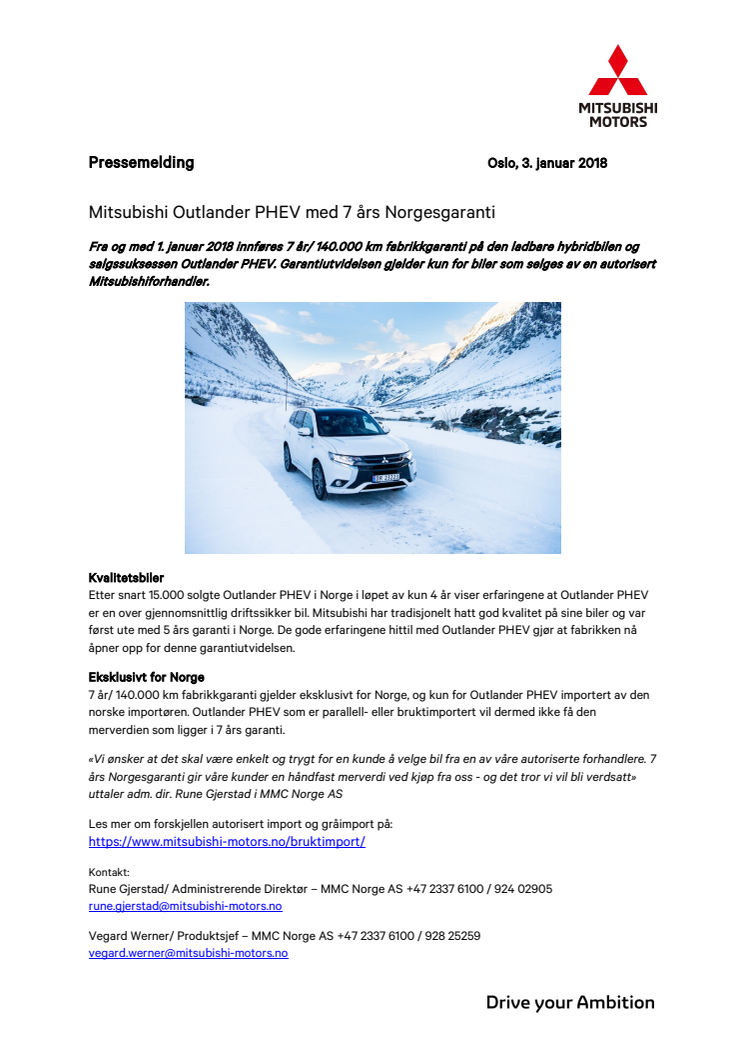 Mitsubishi Outlander PHEV med 7 års Norgesgaranti