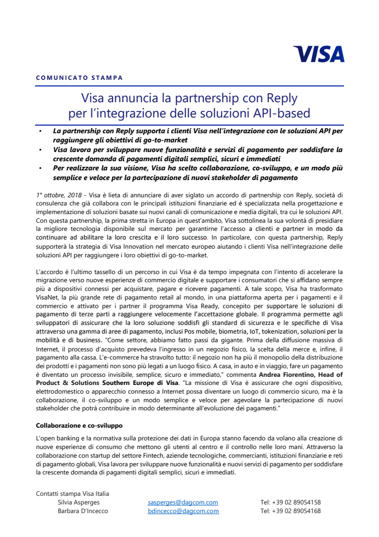 Visa annuncia la partnership con Reply  per l’integrazione delle soluzioni API-based 