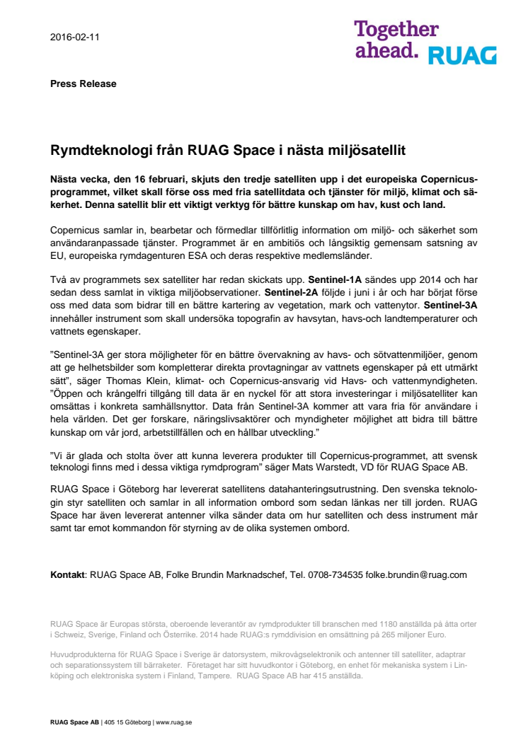 Rymdteknologi från RUAG Space i nästa miljösatellit 