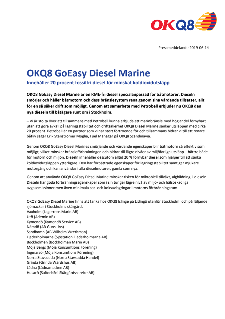 OKQ8 GoEasy Diesel Marine - Innehåller 20 procent fossilfri diesel för minskat koldioxidutsläpp