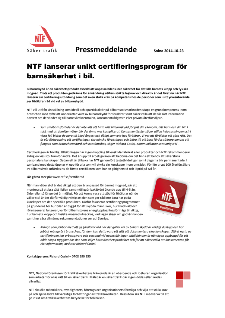 NTF lanserar unikt certifieringsprogram för barnsäkerhet i bil