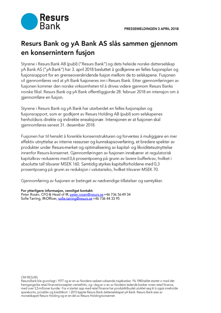 Resurs Bank og yA Bank AS slås sammen gjennom en konsernintern fusjon