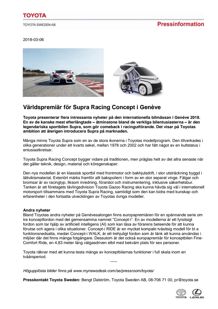 Världspremiär för Supra Racing Concept i Genève