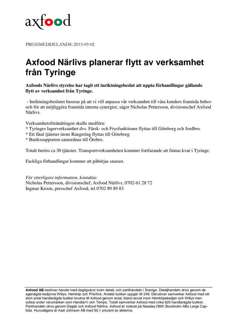 Axfood Närlivs planerar flytt av verksamhet från Tyringe 