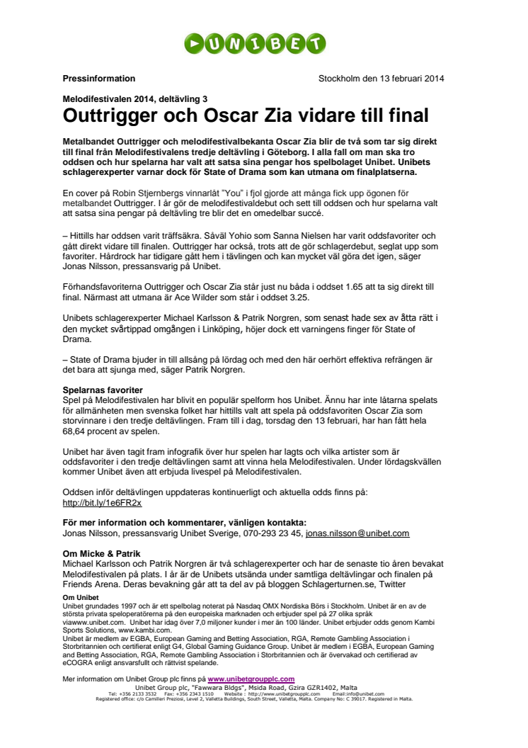Melodifestivalen 2014, deltävling 3: Outtrigger och Oscar Zia vidare till final