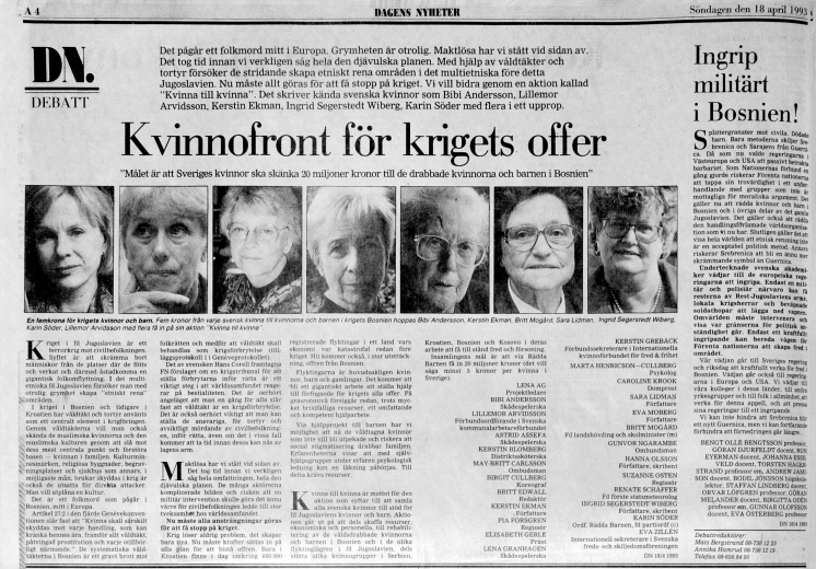 "Kvinnofront för krigets offer" DN Debatt 18 april 1993