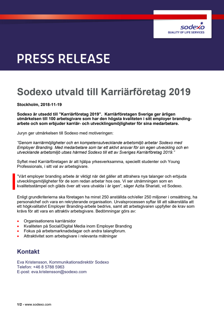 Sodexo utvald till Karriärföretag 2019